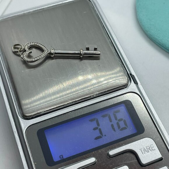 Tiffany & Co. 18k White Gold Diamond Heart Key Pendant 1.5 Inches w/ Pouch - Picture 10 of 11